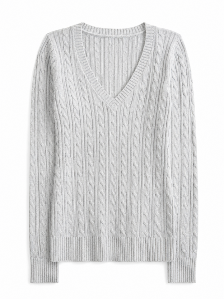 Light Gray V-Neck Cable-Knit Sweater