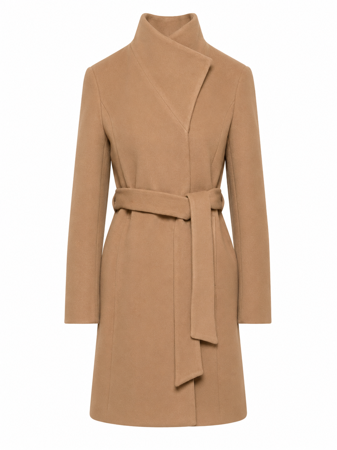 Camel Wrap Coat with Funnel Neck