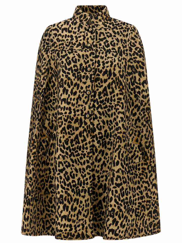 Leopard Print Longline Cape Coat with Button Front