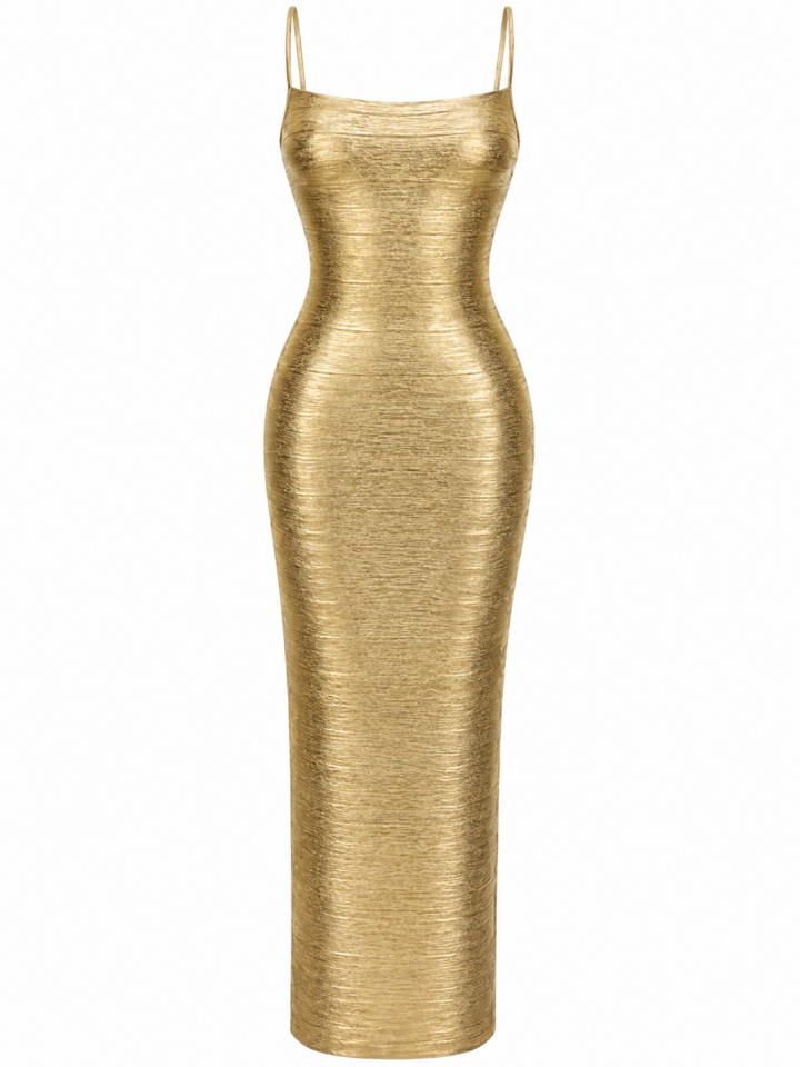 Gold Metallic Ribbed Bodycon Maxi Dress
