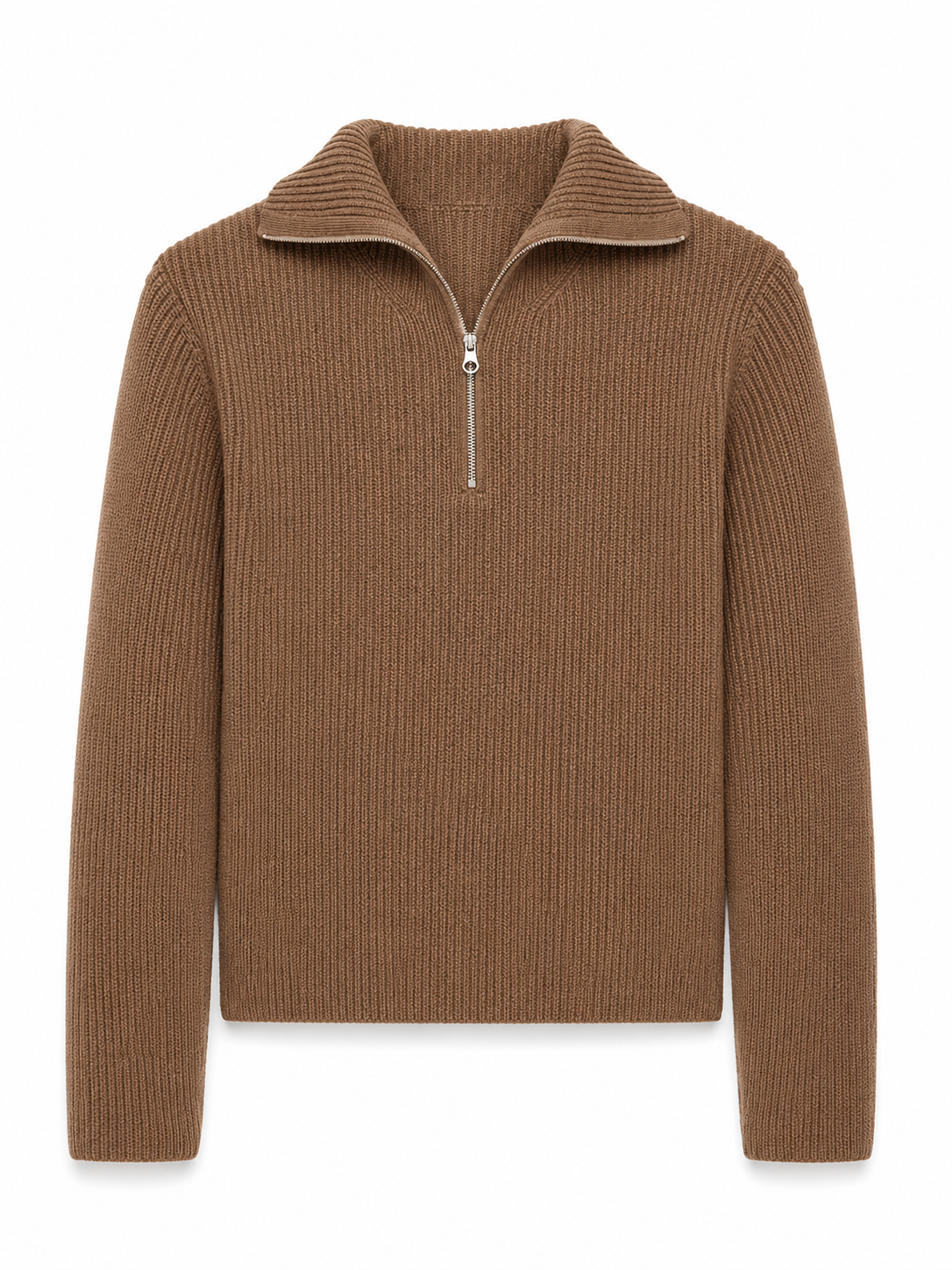 Brown Ribbed Knit Quarter-Zip Pullover Sweater