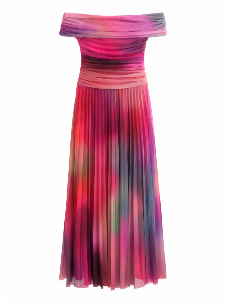 Watercolor Print Off-the-Shoulder Maxi Dress