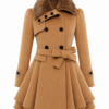 Camel Double-Breasted Coat with Faux Fur Collar
