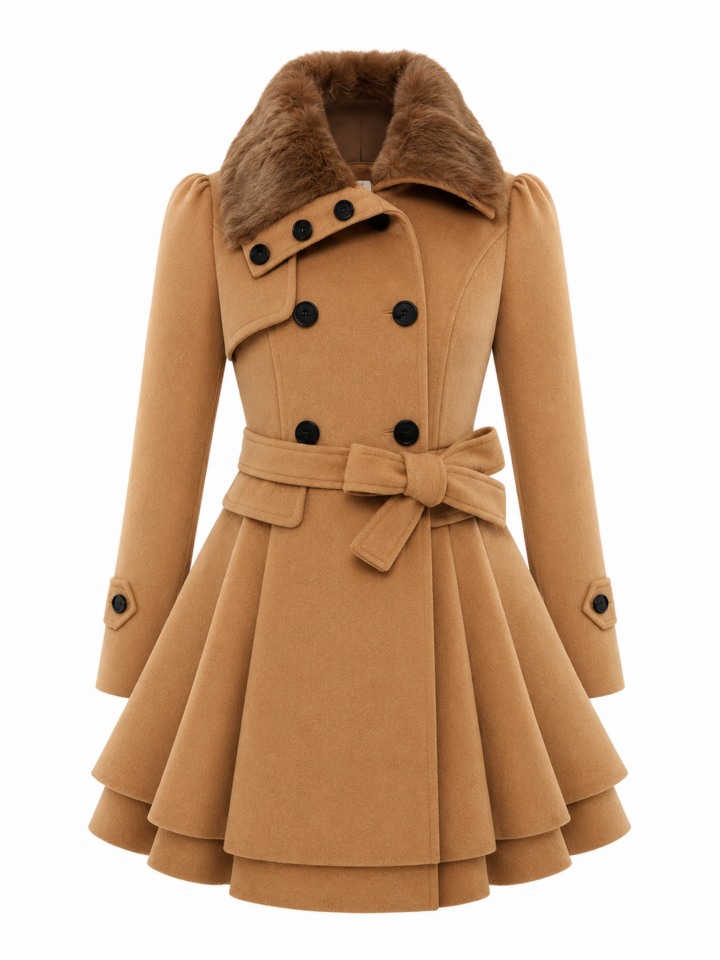 Camel Double-Breasted Coat with Faux Fur Collar