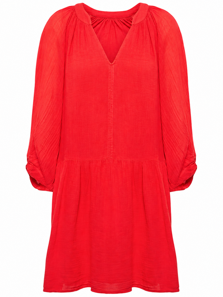 Red Ribbed Knit Mini Dress with V-Neck and Raglan Sleeves