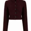 Burgundy Cropped Knit Cardigan with Stand Collar