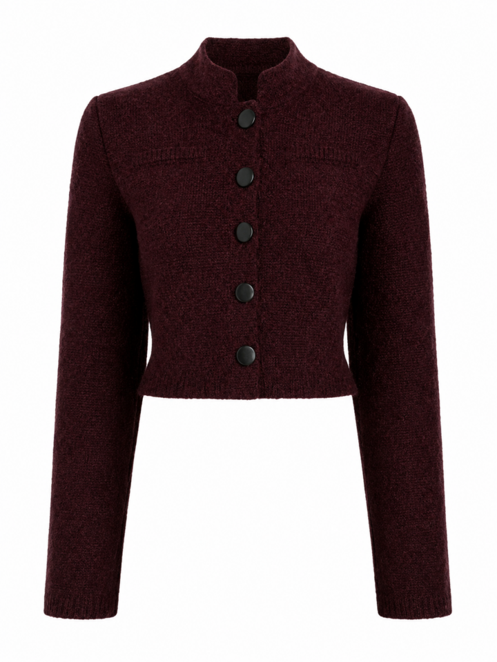 Burgundy Cropped Knit Cardigan with Stand Collar