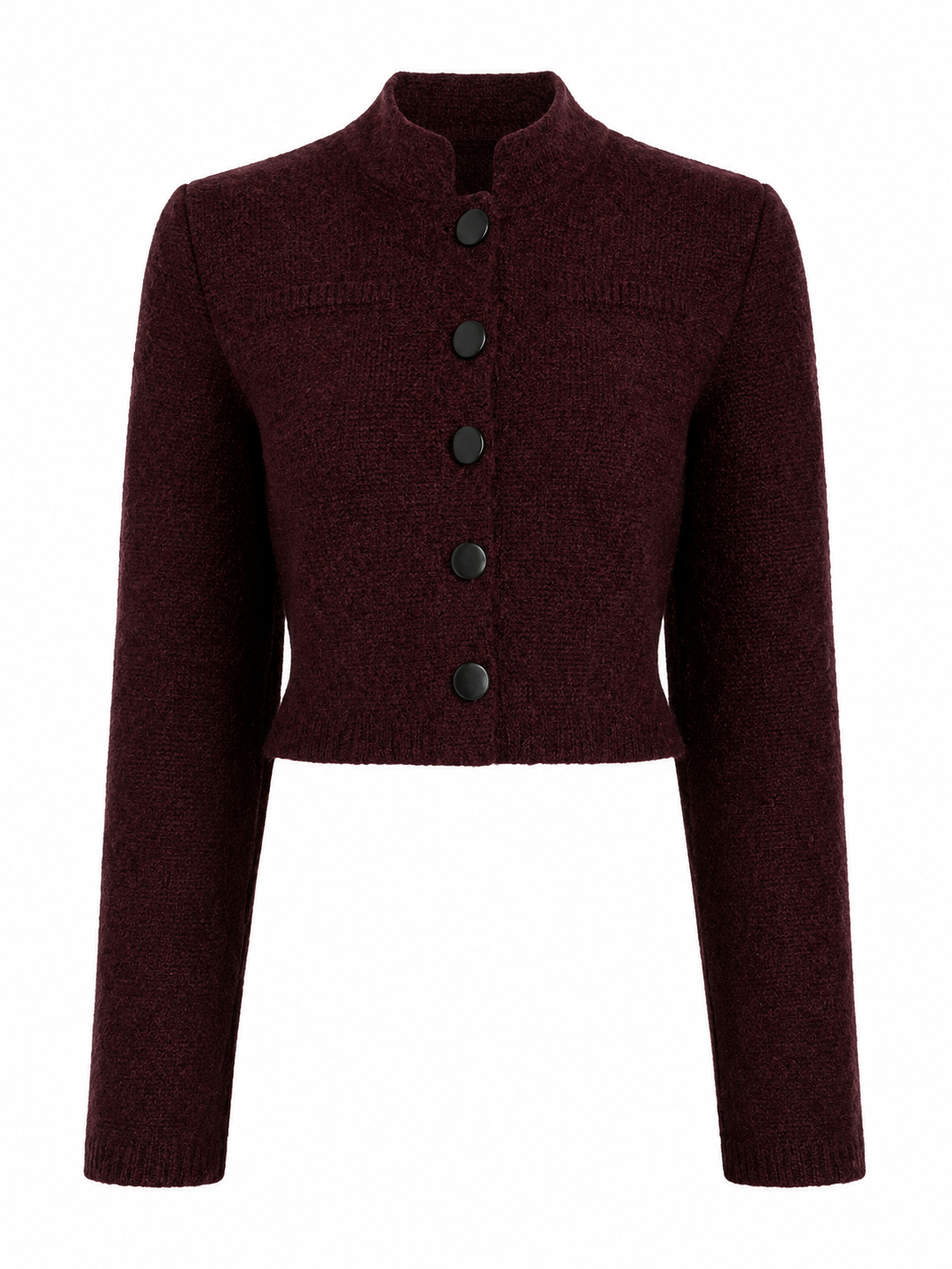 Burgundy Cropped Knit Cardigan with Stand Collar