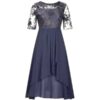 Navy Blue Lace Midi Dress with Sheer Sleeves