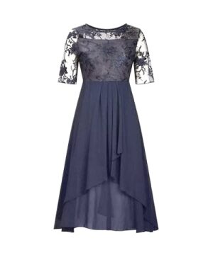 Navy Blue Lace Midi Dress with Sheer Sleeves