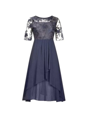 Navy Blue Lace Midi Dress with Sheer Sleeves