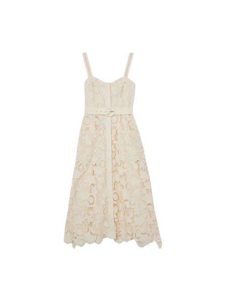 Cream Sleeveless Lace Midi Dress with Scalloped Hem