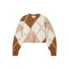 Cream Geometric Diamond Cropped V-Neck Sweater