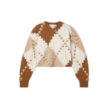 Cream Geometric Diamond Cropped V-Neck Sweater