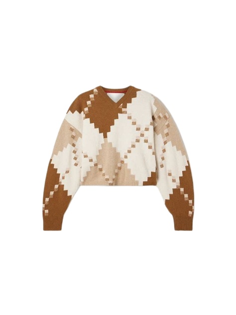 Cream Geometric Diamond Cropped V-Neck Sweater